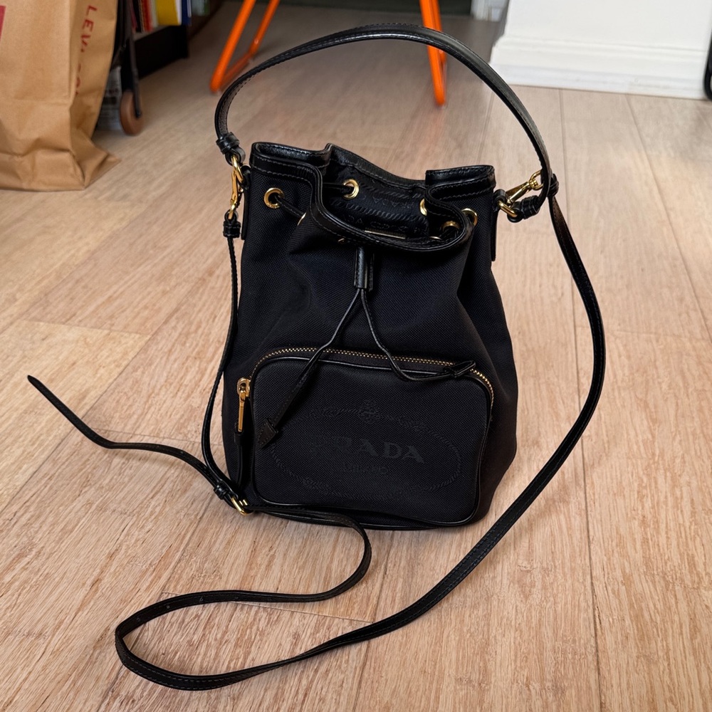 Prada Black Nylon Drawstring Bucket Crossbody with Gold Hardware